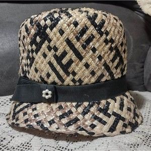 Vintage Ladies Straw Hat Brown Tan Black Ribbon Tall Derby Union Made